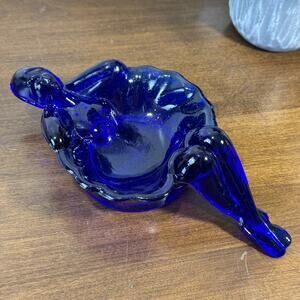 Vintage Cobalt Blue Glass Figural Soap Dish Trinket Bowl Reclining Woman Mosser